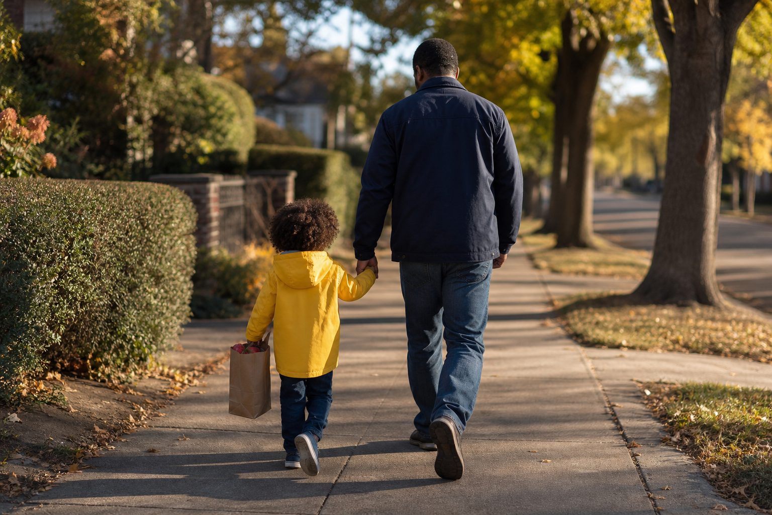 A parent and a young child in a yellow raincoat seen from behind, walking hand in hand along a sunny tree-lined sidewalk while the child carries a small paper grocery bag of apples