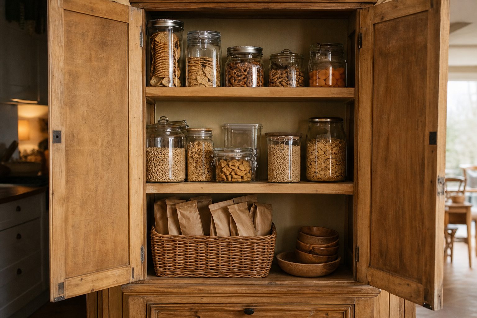 An open wooden pantry cupboard with neat shelves of clear jars and containers of crackers, pretzels, dried fruit and cereal, and a basket of plain paper snack bags