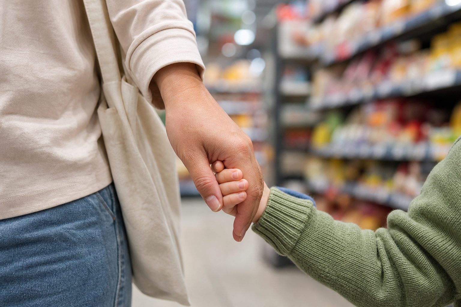 An adult holding a toddler's hand in a blurred supermarket snack aisle, the everyday moment when knowing how to read food labels for kids helps