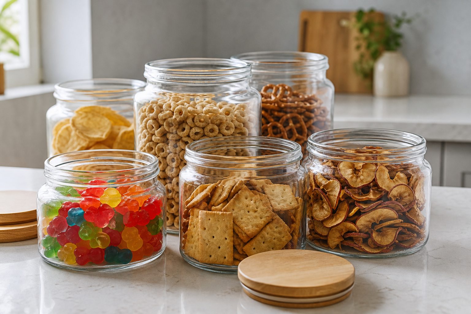 Clear glass jars of red, yellow, green and blue fruit gummies, oat cereal rings, pretzels, crackers and dried apple slices on a white kitchen counter