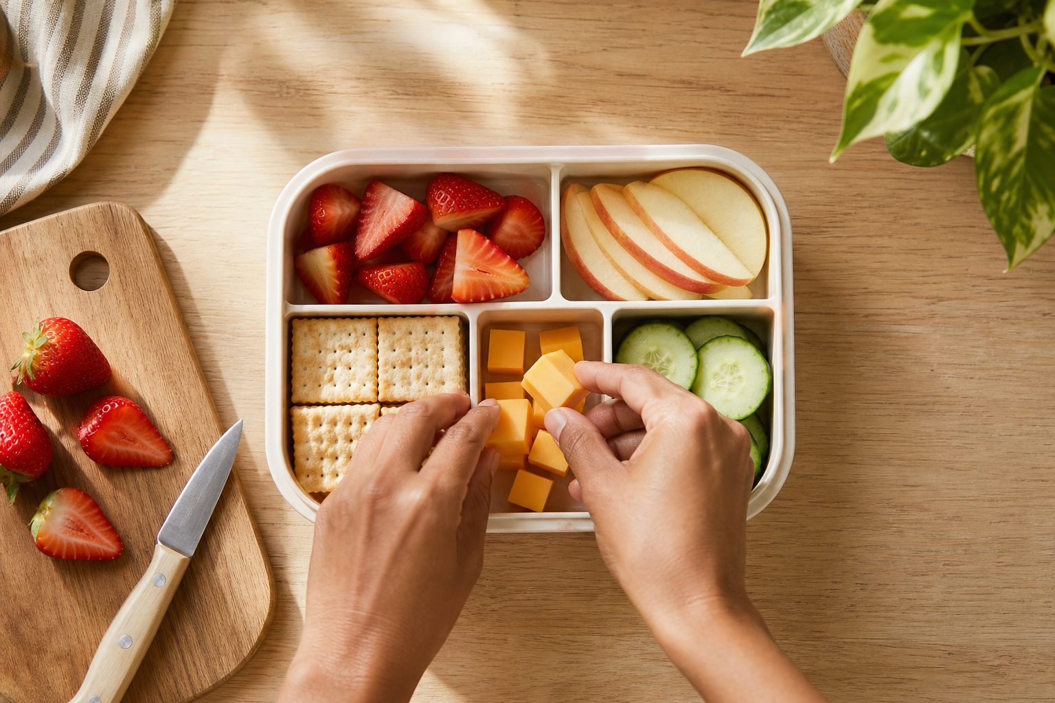 Overhead view of a lunchbox with sliced strawberries, apple slices, crackers, cheese cubes and cucumber being packed on a wooden table