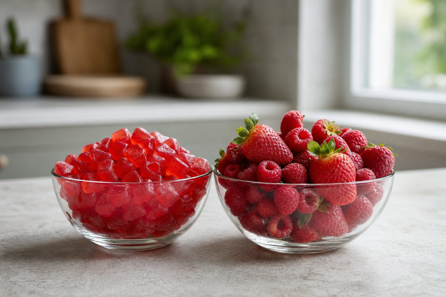 A glass bowl of bright red gummy candies next to a glass bowl of fresh strawberries and raspberries on a kitchen counter