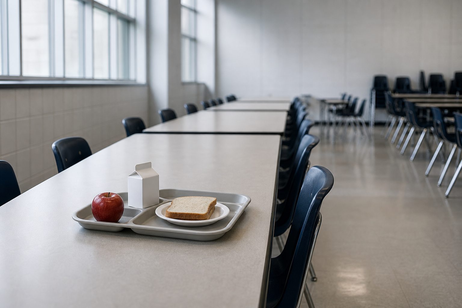 An empty school cafeteria table with a lunch tray holding a red apple, a plain white milk carton and a sandwich